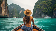 Traveler Woman Joy Fun Relaxing On Boat At Sunny Beach
