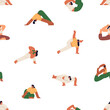 Yoga exercises, seamless pattern design. Women in different asanas, flexible poses, endless background. Repeating sports print, girl in stretching postures. Colored flat vector illustration for fabric