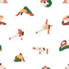 Fototapete - Yoga exercises, seamless pattern design. Women in different asanas, flexible poses, endless background. Repeating sports print, girl in stretching postures. Colored flat vector illustration for fabric