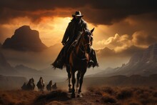 Cowboy And His Horse Framed By A Majestic Mountain Backdrop, Generative AI