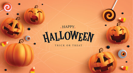 Wall Mural - happy halloween text vector design. halloween trick or treat greeting text with pumpkins characters 