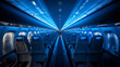 Modernes Flugzeug mit super schöner Innenausstattung an Sitzen in türkis blau im Querformat für Banner, ai generativ