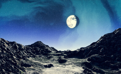 Wall Mural - Mountains landscape at night sky with moon and northern lights