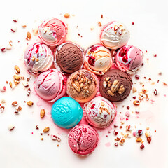 Poster - Assorted of scoops ice cream. Colorful set of ice cream of different flavours in heart shape. Top view of ice cream isolated with mint, sauce. AI generative image.