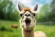 Hilarious Llama Playfully Sticking Out Its Tongue On A Vibrant Green Field, Creating A Delightful Scene.