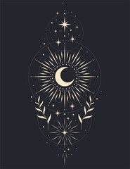 Wall Mural - Mystical drawing of the sun , tarot cards, boho illustration, magic card. Vector hand drawing