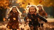 © mandu77 - Three children happily enjoying playing among the falling autumn leaves in nature