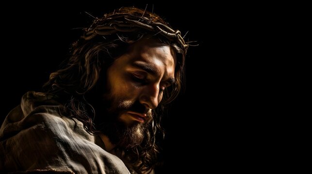 Portrait of Jesus Christ with crown of thorns on black background