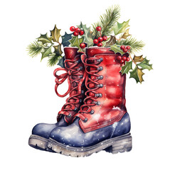 Wall Mural - Watercolor illustration Christmas red boots, Generative AI png image.