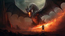 A Big Dragon With Fire Flying In The Sky Under This Their Is Person Who Control The Dragon.