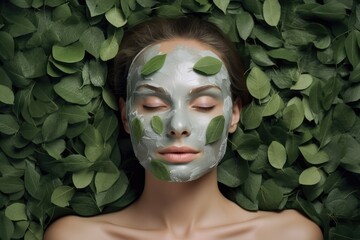 Wall Mural - Close up face beautiful woman in mask on face in spa beauty salon , background forest wall ,Generative AI.