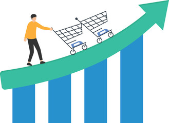 Wall Mural - Increase sales or profit, Purchasing power growth or consumer spending more money, Marketing strategy concept, Push role of shopping cart trolley up rising arrow

