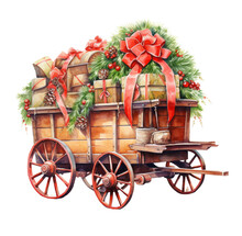 Watercolor Illustration Of Christmas Cart Gifts. Generative AI, Png Image.