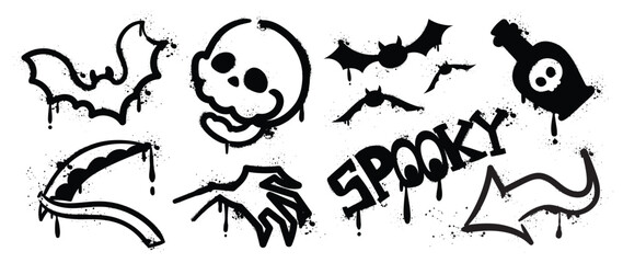 Wall Mural - Set of graffiti spray pattern. Collection of halloween symbol, ghost, bat, skull, arrow, poison with spray texture. Elements on white background for sticker, banner, decoration, street art, halloween.