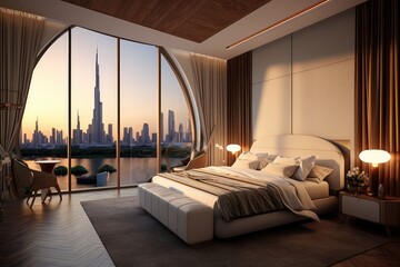 Wall Mural - Contemporary and opulent bedroom offers views of skyline ,Generative AI