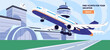© Paper Trident - Airplane coming in for landing on runway. Arrival aircraft on airstrip. Airliner takeoff from airfield. Airport tower, terminal building background. Plane travel banner. Flat vector illustration