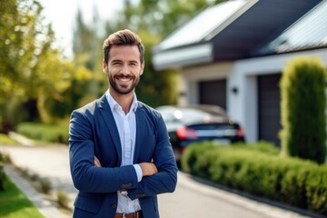 Happy young businessman stands smiling of a house with solar panels installed,Generative AI.