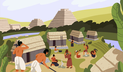 Ancient Mayan village with huts. Maya civilization life. Native American, Indian tribe cooking, working. Aztec pyramids, religion. Mexican landscape with tribal buildings. Flat vector illustration