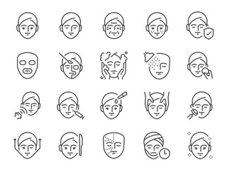 Facial icon set. It included face, cosmetic, plastic surgery, skin, and more icons. Editable Vector Stroke.
