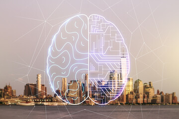 Wall Mural - Double exposure of creative human brain microcircuit hologram on Manhattan office buildings background. Future technology and AI concept