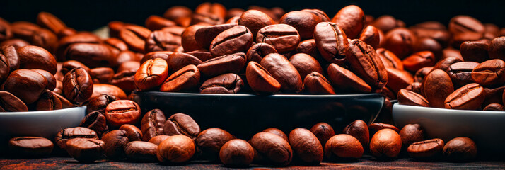 Canvas Print - Pile of coffee beans sitting on top of table.