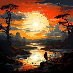 Sticker - Image of man standing in front of sunset.