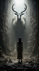 Poster - Woman standing in front of horse in forest.