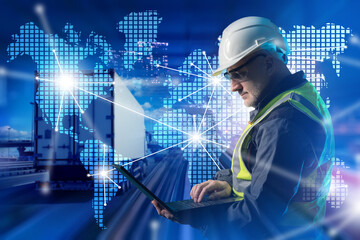 Wall Mural - Logistics specialist. Male manager of transport company. Logistics company employee. Truck near man with laptop. World map is metaphor for international logistics. Transport dispatcher in hardhat