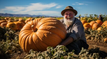 old bearded farmer with large pumpkin in pumpkin patch field at sunny autumn day. happy mature man i