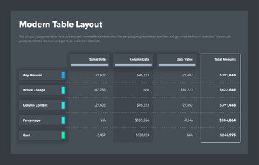 Wall Mural - Modern table layout template with a total amount column - dark version. Simple flat template for project data visualization.