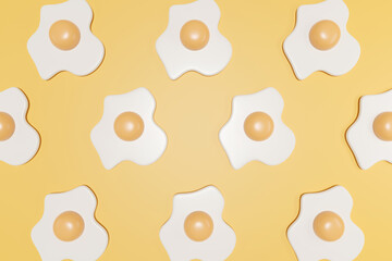 3D fried egg seamless background, 3D rendering random pattern egg on yellow pastel background.