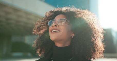 Poster - Face, vision and wind with a business black woman in the city for growth, opportunity or inspiration. Thinking, street and smile with a happy young employee looking around an urban town for ideas