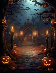 Wall Mural - Halloween haunted forest creepy landscape at night