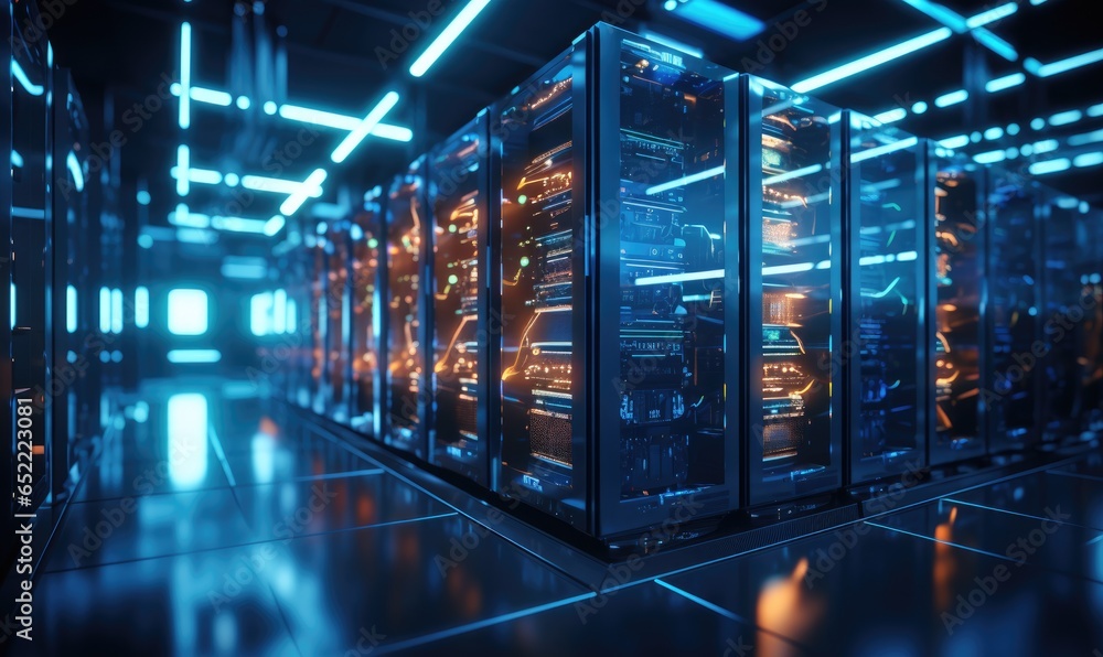 A modern data center featuring multiple servers, each equipped with ...