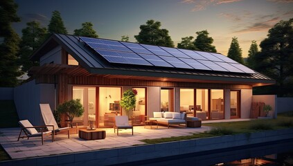 Wall Mural - Black solar panels on the roof. Beautiful, large modern house and solar energy. Generative AI