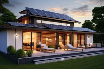 Wall Mural - Black solar panels on the roof. Beautiful, large modern house and solar energy. Generative AI