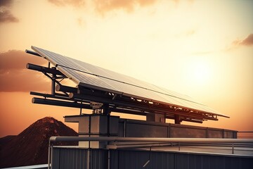 Wall Mural - Big solar panels on top of a building in sunset. Generative AI