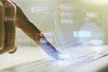 Wall Mural - multi exposure of abstract software development hologram with world map and hands typing on computer
