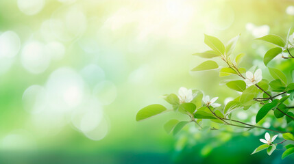 Wall Mural - Beautiful natural spring summer defocused panoramic background frame with fresh juicy foliage and bokeh outdoors in nature