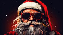 Bright Hipster Santa Claus In Sun Glasses On Black Background. Generative AI