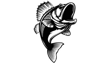 Wall Mural - Fishing bass logo. Bass fish with rod club emblem. Fishing theme illustration. Fish Isolated on white.