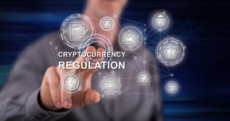 Poster - Man touching a cryptocurrency regulation concept