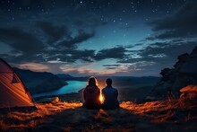 Imaginative Couple Camping Outdoors And Watching The Starry Sky At Night, Camping At Night Starry Sky, Couple Watching The Starry Sky