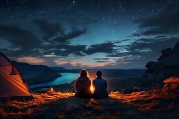 Imaginative couple camping outdoors and watching the starry sky at night, camping at night starry sky, couple watching the starry sky