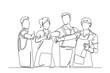 © onetime - Single one line drawing groups of male and female janitor giving thumbs up gesture. Cleaning service teamwork and business model concept. Modern continuous line draw design graphic vector illustration