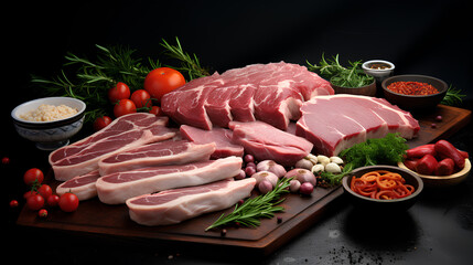 Photo set of pork and meat on black background