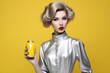 Beautiful white woman with soda can on color background