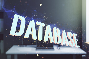 Wall Mural - double exposure of creative database word hologram and modern desktop with laptop on background, res