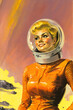 blond female astronaut in orange spacesuit in retro futurism vintage sci-fi painting