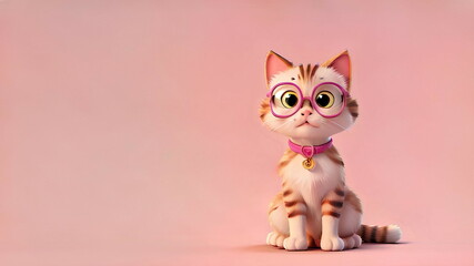 Sticker - cute cat wearing glasses on pink background. good for banners, product ads, social media ads related to cats with blank sides